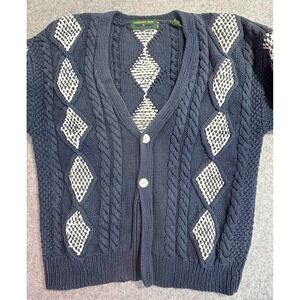 Mens Navy Blue Hand Knit Cotton Cable Diamond Cardigan Sweater Medium Chunky